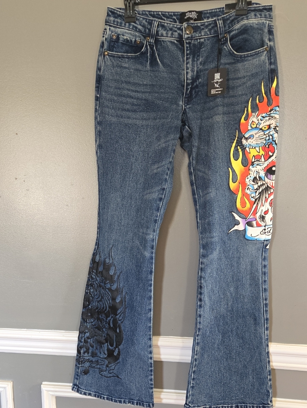 Blue Flare Jeans with Flame Tiger Graphic - Women